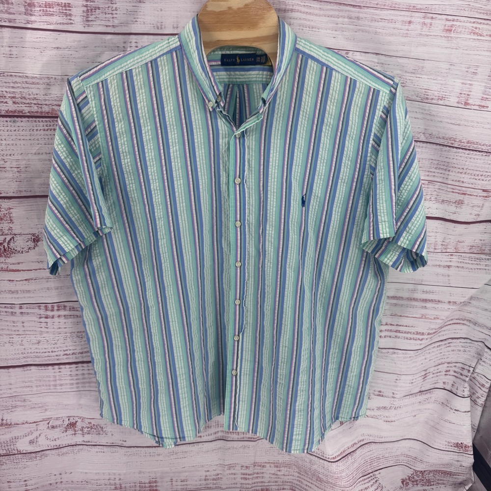 Polo Ralph Lauren Shirt Mens 2XB Seersucker Short Sleeve Button Down Striped